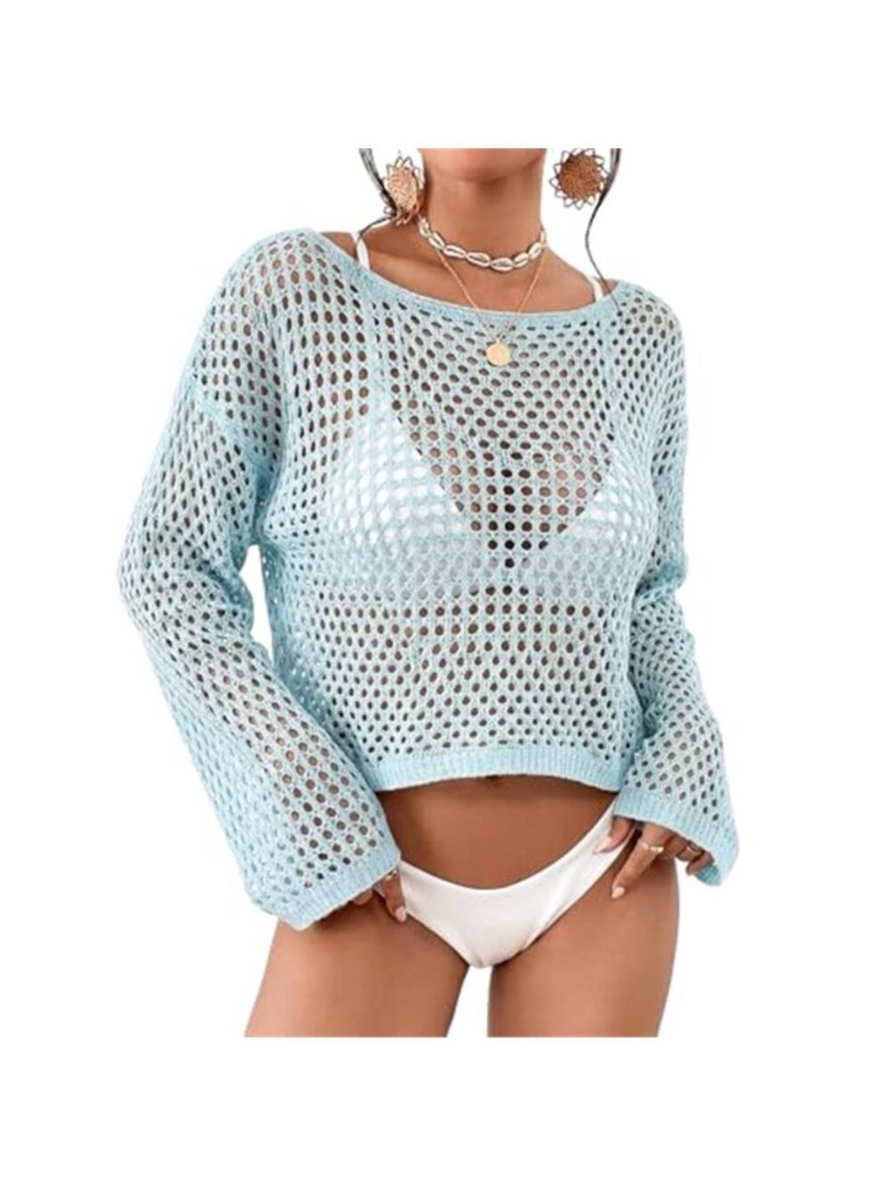 Cuffbow Light Blue Crochet Swim Cover Up Crop Top Sheer Knit Beach Sweater
